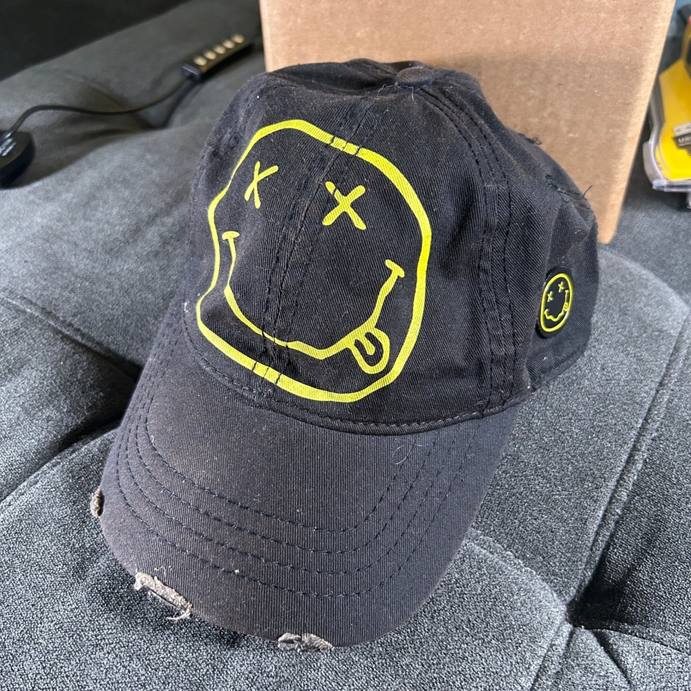 Nirvana Smiley Face Black Distressed Baseball Cap Hat 2011 Rock Off GW9111ROFMTY